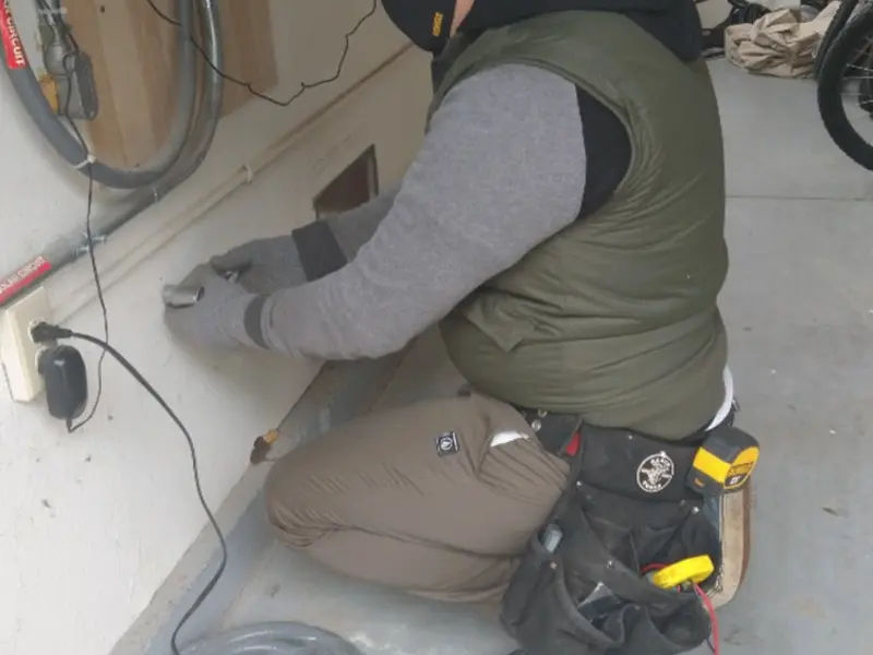 Electrician performing outlet wiring in a Crown Point garage